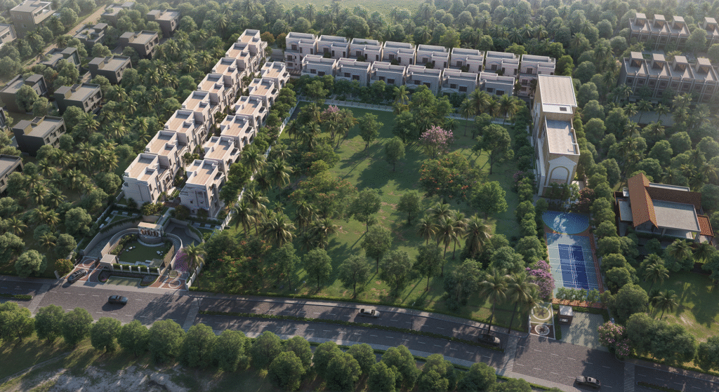 Aerial view of a luxury gated villa community with landscaped gardens, tennis court, and clubhouse surrounded by greenery in Whitefield, Bangalore.