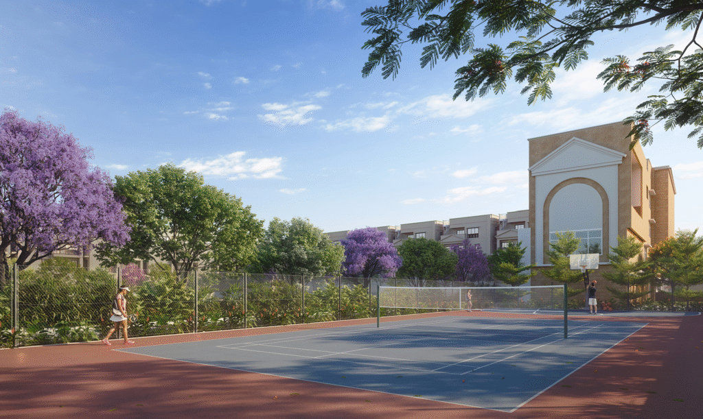 Modern outdoor sports court at NVT Oikos in Whitefield, Bangalore, surrounded by lush greenery and blooming trees, with residents enjoying tennis and basketball in a serene residential setting.