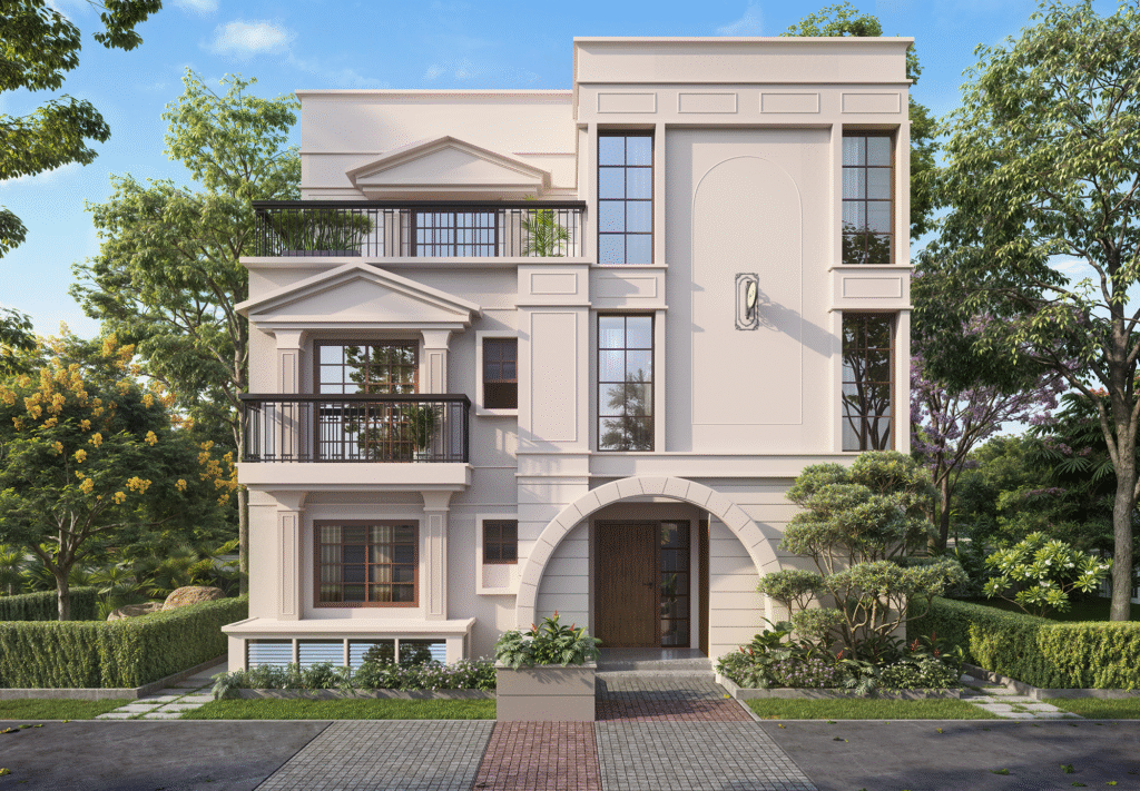 Front elevation of a luxury 3-storey villa with classical architectural elements, arched entrance, balconies, and landscaped garden at NVT Oikos in Whitefield, Bangalore.