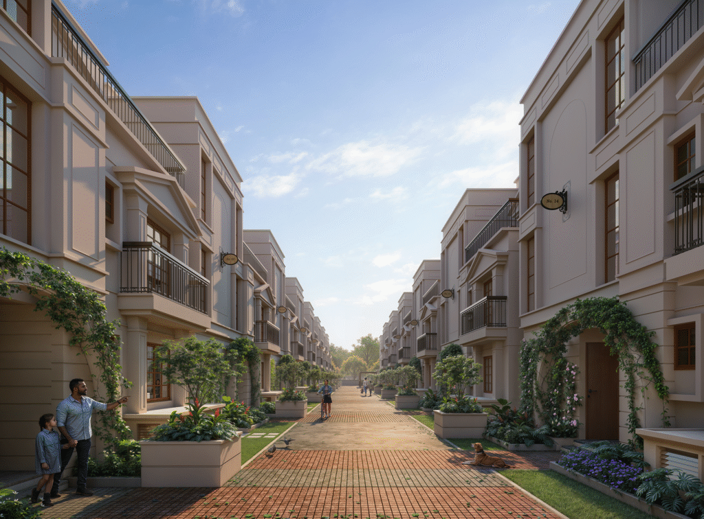 Paved street view of luxury villas at NVT Oikos in Whitefield, Bangalore, featuring symmetrical rows of classical-style homes, landscaped gardens, and residents enjoying a peaceful neighborhood environment.