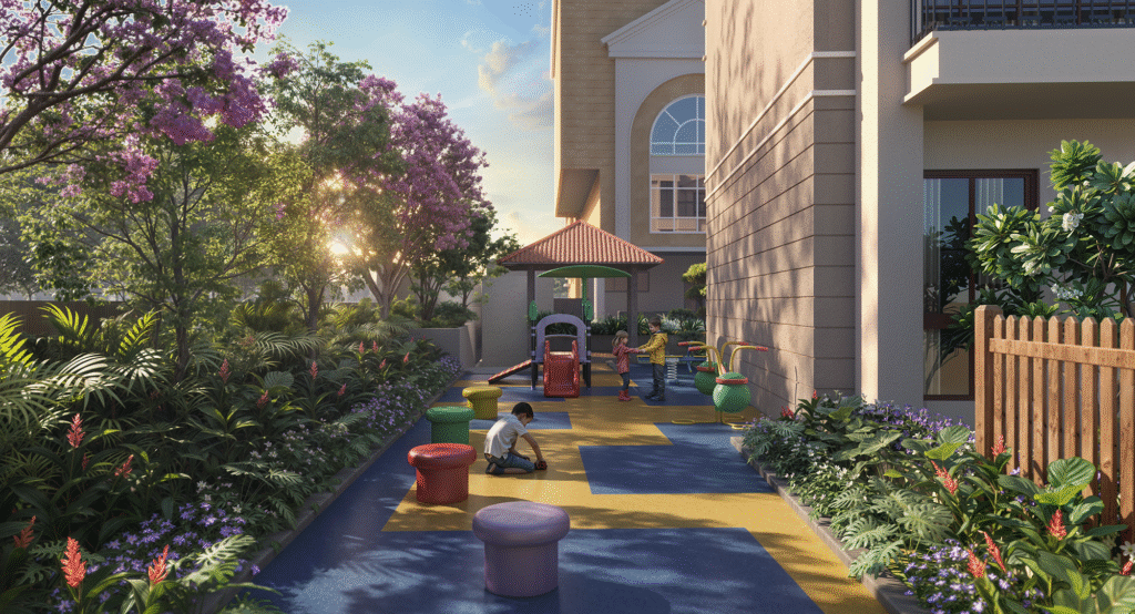 Children playing in a vibrant and colorful outdoor play area at NVT Oikos in Whitefield, Bangalore, surrounded by lush gardens and flowering trees during sunset.